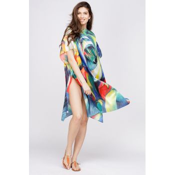 Rochie de plaja tip poncho din matase cu reproducere dupa o pictura moderna