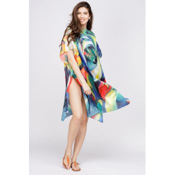 Rochie de plaja tip poncho din matase cu reproducere dupa o pictura moderna