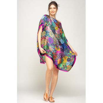 Rochie de plaja tip poncho din matase imprimat cu mandale multicolore cu fucsia si bleumarin pe margine de firma originala