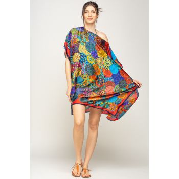 Rochie de plaja tip poncho din matase imprimat cu mandale multicolore cu rosu si bleumarin pe margine