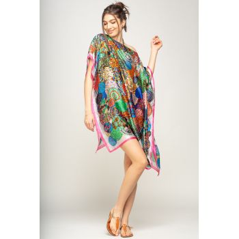 Rochie de plaja tip poncho din matase imprimat cu mandale multicolore cu roz si alb pe margine