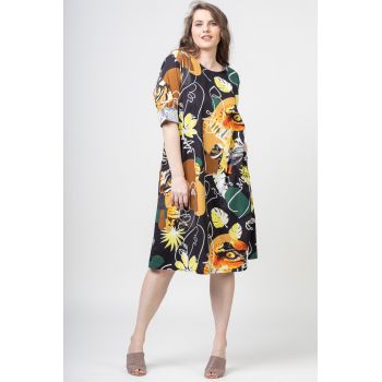 Rochie midi din bumbac cu imprimeu abstract pe fond negru