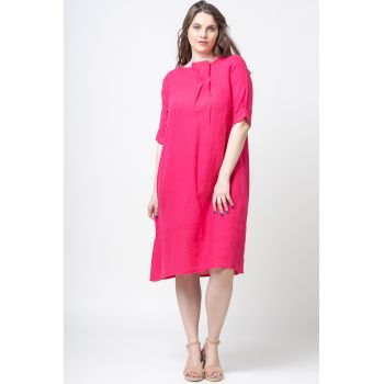 Rochie din in cu doua cute pe decolteu, fucsia