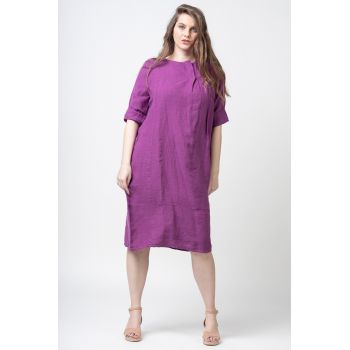 Rochie din in cu doua cute pe decolteu, mov