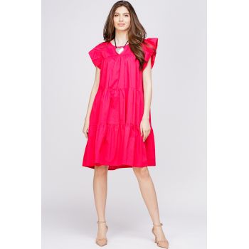 Rochie din poplin de bumbac cu trei volane, fucsia
