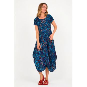 Rochie lalea in colturi, cu imprimeu albastru, din vascoza