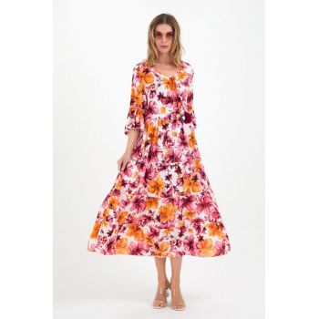 Rochie lunga cu volane si imprimeu floral 3D fucsia-orange, din vascoza