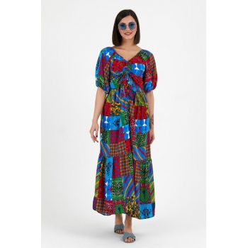 Rochie multicolora cu snur vertical pe bust, din vascoza