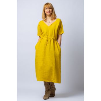 Rochie mustar cu snur in talie, din in