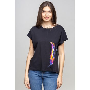 Tricou negru cu panou lateral pana stilizata