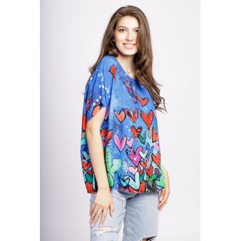 Bluza din vascoza cu imprimeu inimi pe fond albastru