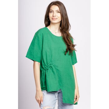 Bluza verde din in, asimetrica, cu siret lateral