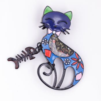Brosa metalica neagra pisica cu pestisor atarnat la gat, albastru si verde
