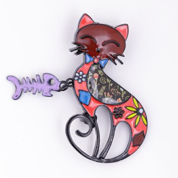 Brosa metalica neagra pisica cu pestisor atarnat la gat, rosu si bordo de firma originala