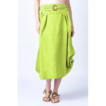 Fusta lunga verde lime cu poale prinse, din in, cu o curea fancy