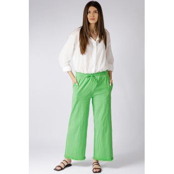 Pantaloni de vara din in si bumbac cu franjuri mici, verde deschis ieftini