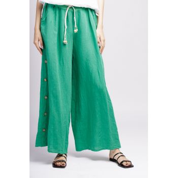 Pantaloni largi de vara, din in, cu nasturi pe laterale, verzi