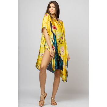 Rochie de plaja tip poncho din matase cu stilizare   Noaptea Instelata   pe fond galben