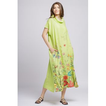 Rochie lunga din in cu guler intors si imprimeu pictural floral pe fond verde