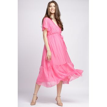 Rochie lunga din matase naturala cu bust petrecut, fucsia