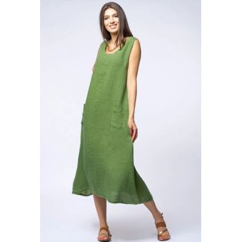 Rochie lunga in colturi, din in verde olive cu nasture pe spate