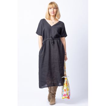 Rochie neagra cu snur in talie, din in