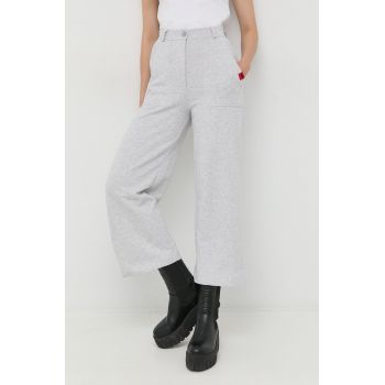 Love Moschino pantaloni de bumbac femei, culoarea gri, drept, high waist