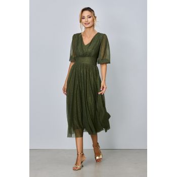 Rochie de ocazie din voal cu glitter Nicolette Kaki