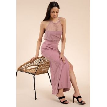 Rochie lunga Irene Roz ieftina la reducere