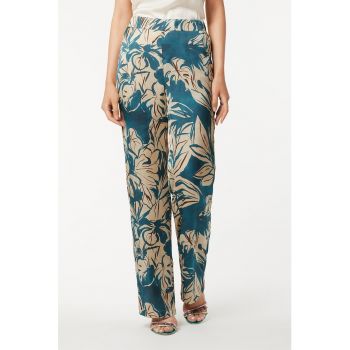 Pantaloni din satin cu talie inalta si model vegetal