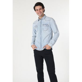 Camasa slim fit de chambray cu guler ascutit