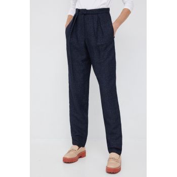 Emporio Armani pantaloni din lana femei, culoarea albastru marin, fason chinos, high waist