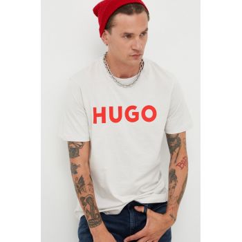 HUGO tricou din bumbac culoarea bej, cu imprimeu