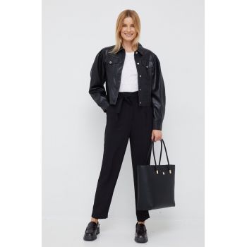 Sisley pantaloni femei, culoarea negru, drept, high waist