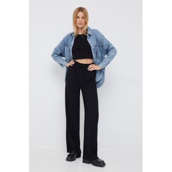 Sisley pantaloni femei, culoarea negru, lat, high waist