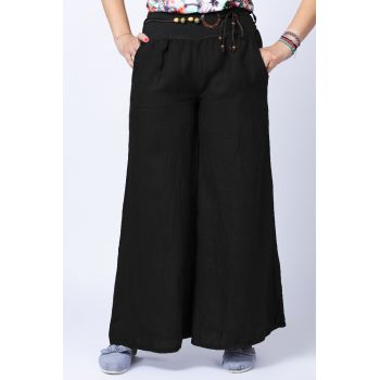 Fusta pantalon neagra casual, din in, cu o curea fancy