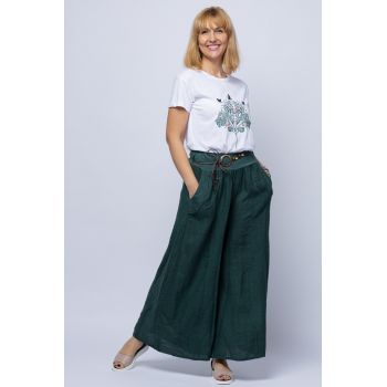 Fusta pantalon verde inchis casual, din in, cu o curea fancy