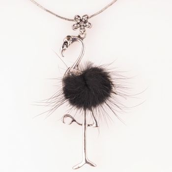 Lant cu pandantiv flamingo cu puf negru