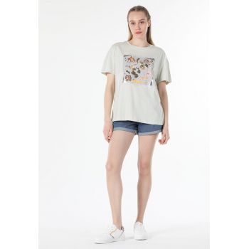 Tricou cu decolteu la baza gatului si imprimeu floral - din bumbac