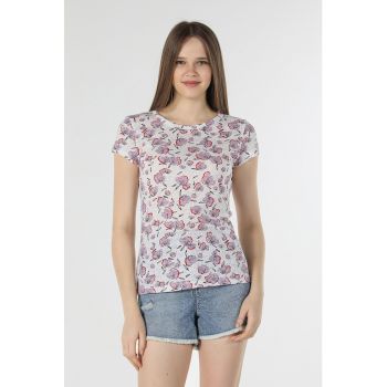 Tricou cu decolteu rotund si model floral de firma original