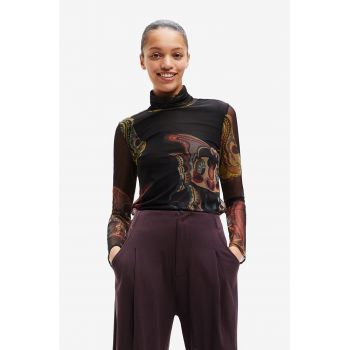 Desigual longsleeve femei, culoarea negru, cu guler de firma original