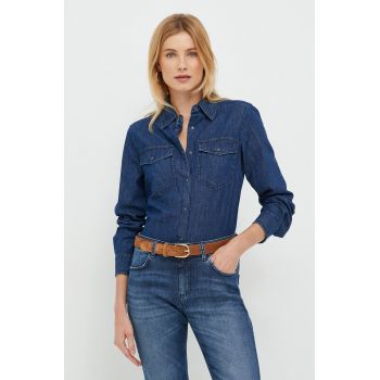 Sisley camasa jeans femei, culoarea albastru marin, cu guler clasic, regular de firma originala