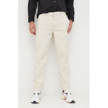 Emporio Armani pantaloni de bumbac barbati, culoarea bej, drept de firma originali
