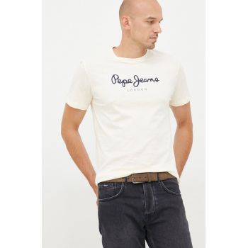 Pepe Jeans tricou din bumbac culoarea bej, cu imprimeu de firma original