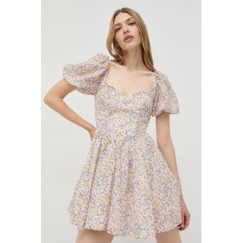 Bardot rochie din bumbac culoarea violet, mini, evazati