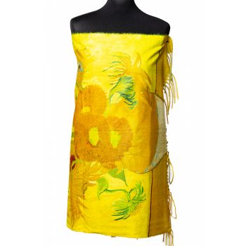Esarfa cashmere cu doua fete imprimata cu reproducerea dupa pictura  Floarea soarelui  a lui Vincent Van Gogh