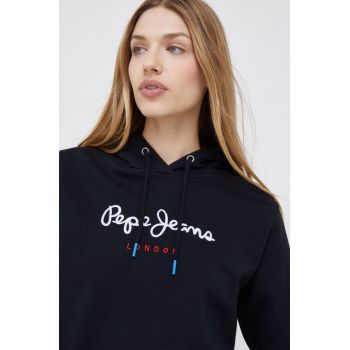 Pepe Jeans hanorac de bumbac femei, culoarea negru, cu imprimeu