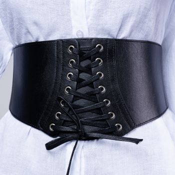 Centura neagra corset, lata din piele ecologica cu siret si capse mici ieftina
