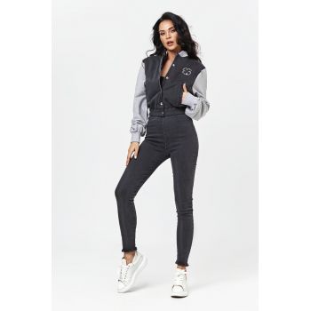 Colant Dama din Denim Negru Super-Elastic , cu Betelie Elastica si Franjuri la Tiv, Negru