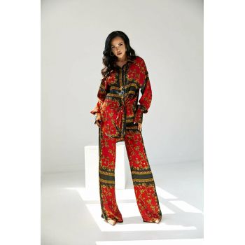 Compleu Dama din 2 Piese cu Pantalon Lung si Camasa Oversize,Rosu Baroque